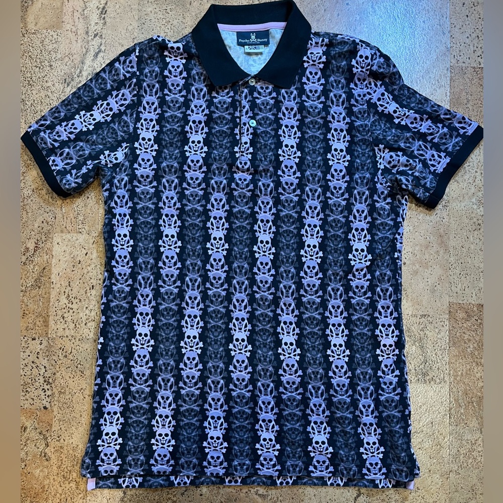 Psycho Bunny Polo Shirt Size Medium 5 Purple Black Hudson Bunny Skulls